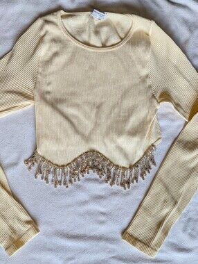 Zara Ribbed Knit Long-Sleeve Crop Top with Beaded Fringe. XS
